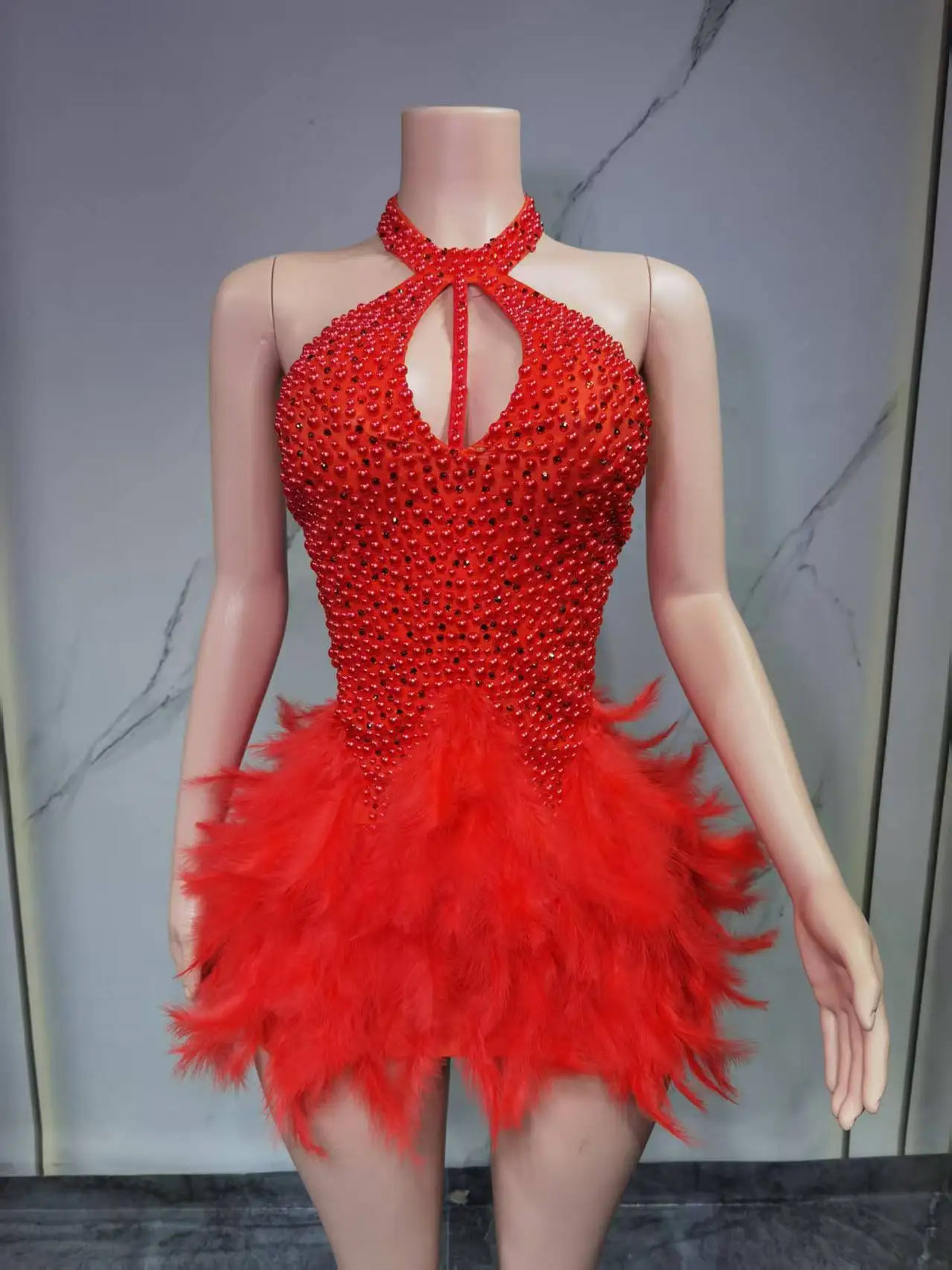 Fashion 2025new sexy Latin dance dress with airy hollow design, feather skirt hanging neck skirt