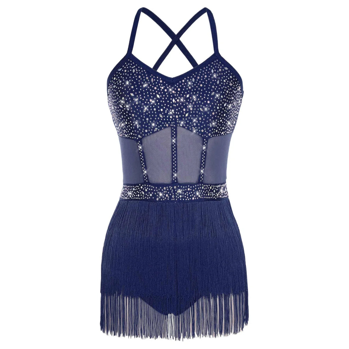 Womens Latin Dance Dress Sheer Mesh Patchwork Tiered Tassel Bodysuit Dress and Gloves for Tango Samba Dance Ballroom Dancewear