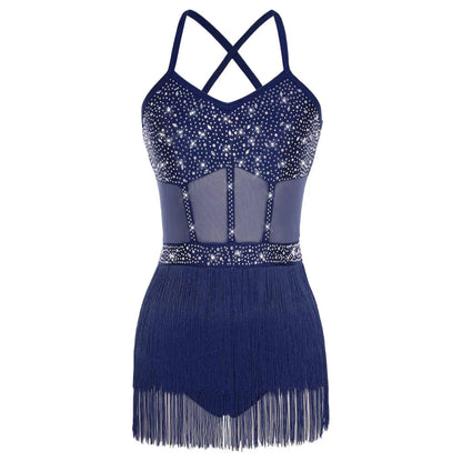 Womens Latin Dance Dress Sheer Mesh Patchwork Tiered Tassel Bodysuit Dress and Gloves for Tango Samba Dance Ballroom Dancewear