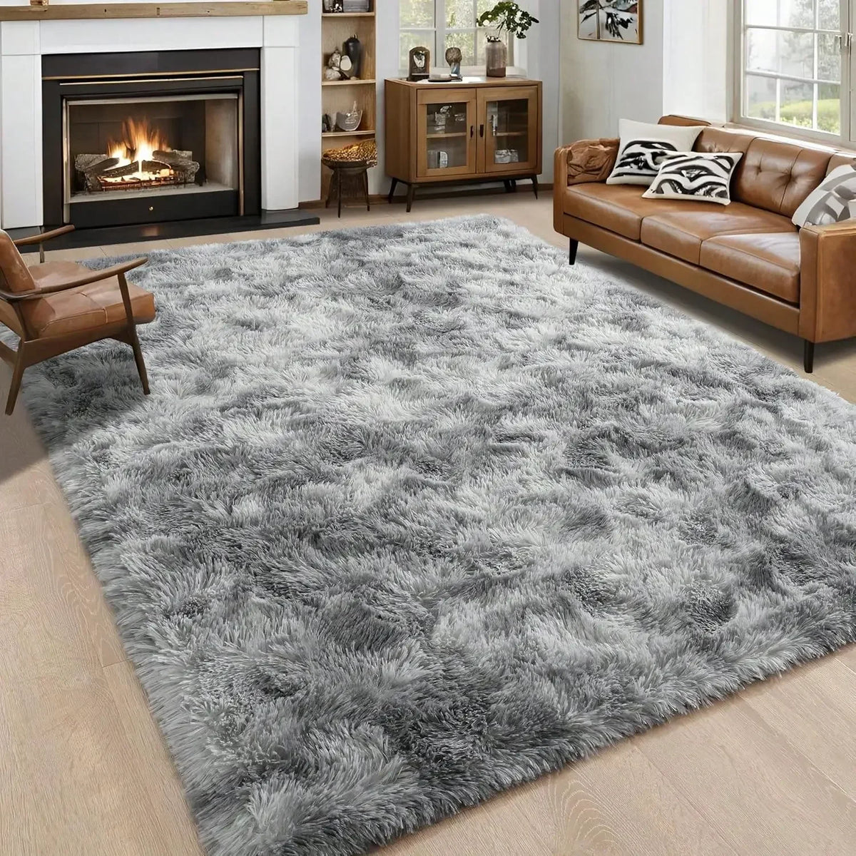 Fluffy Shag Area Rug - Abstract Tie-Dye Design with Non-Slip Backing for Cozy Comfort