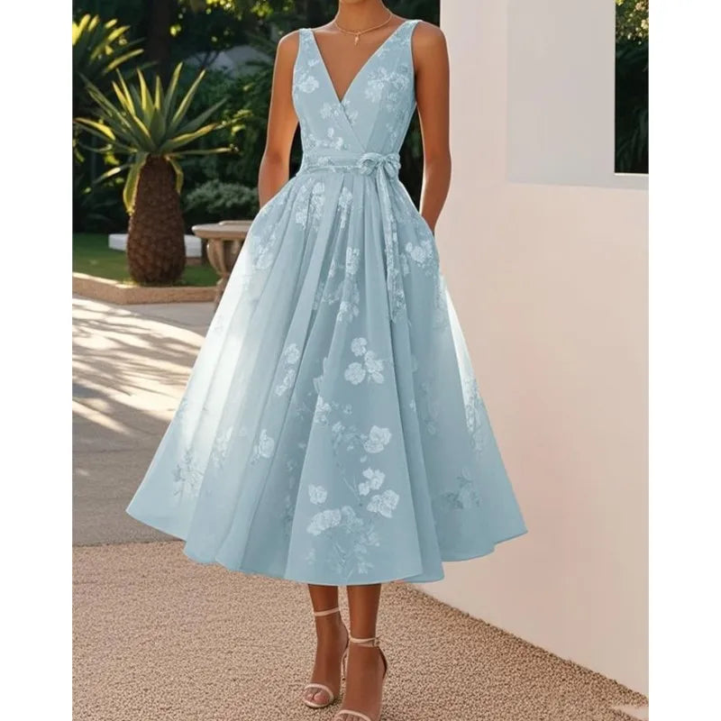 Summer Elegant Evening Party Dress 2025 Sexy V-neck Sleeveless Lace-up Chic Pleated Dresses Boho Womens A-Line Prom Dress Robe