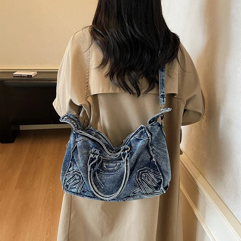 Large Capacity Women Denim Handbags Tote Bags High Quality Ladies Solid Shoulder Messenger Bags Casual Female Big Crossbody Bags