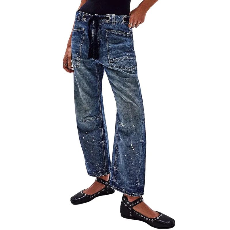 Jeans Women Denim Pants Straight Trousers Drawstring Long Pant Casual Loose Y2k Streetwear Button Pocket Splice Mom Jeans 2025