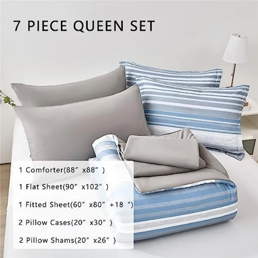 7-Piece Light Blue & White Striped Microfiber Queen Bedding Set