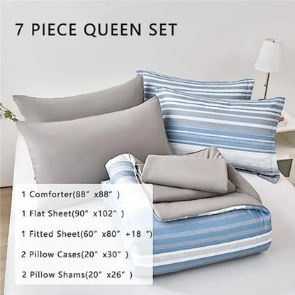 7-Piece Light Blue & White Striped Microfiber Queen Bedding Set