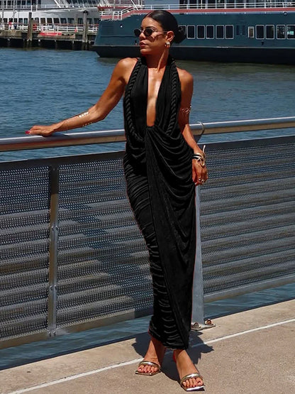 Nibber Hot Girls Long Dress Woman Sexy Fashion Halter Deep V-Neck Backless Sleeveless Midnight Club Party High Waist Vestidos