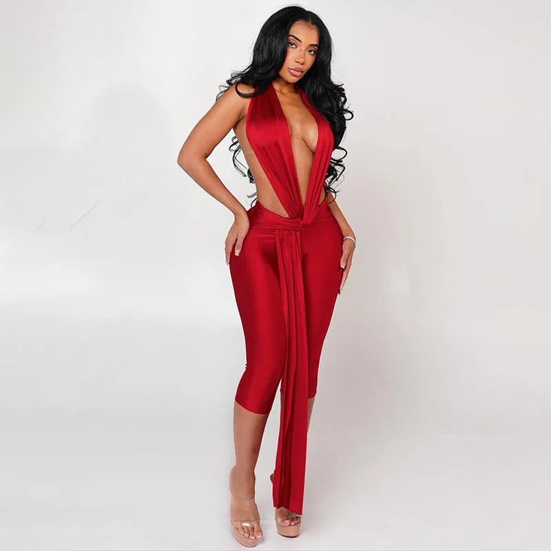 Sexy Halter V Neck Jumpsuits 2025 Women Summer Club Elegant Bodycon Luxury One Piece Party Shiny Jumpsuit Bodysuit Playsuit