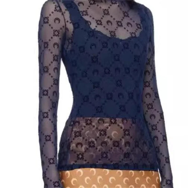 See Through Brand Women Tops Tulle Mesh Versatile Long Sleeve Moon Flocked Shirt Casual Thin  Blouses Y2k Sexy Sheer Blusas 959P