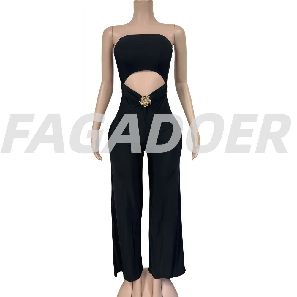 FAGADOER Sexy Hollow Out Bodycon Jumpsuit for Women Solid Color Sleeveless Backless Rompers Female Streetwear Overalls 2025 New