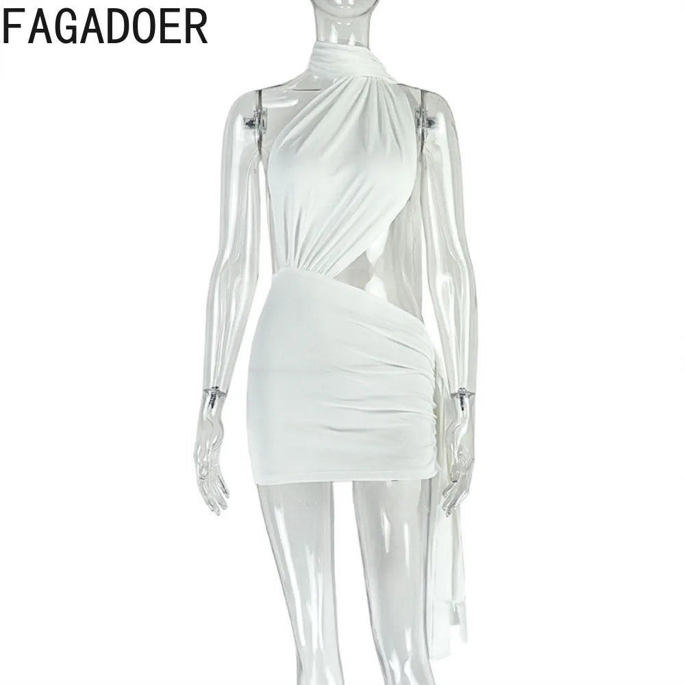 FAGADOER Sexy Irregular Ruched Patchwork Bodycon Mini Dresses Woman Halter Backless Hollow-out Dress Female Streetwear Vestidos