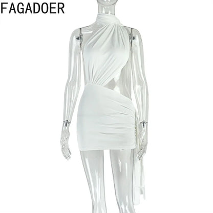 FAGADOER Sexy Irregular Ruched Patchwork Bodycon Mini Dresses Woman Halter Backless Hollow-out Dress Female Streetwear Vestidos