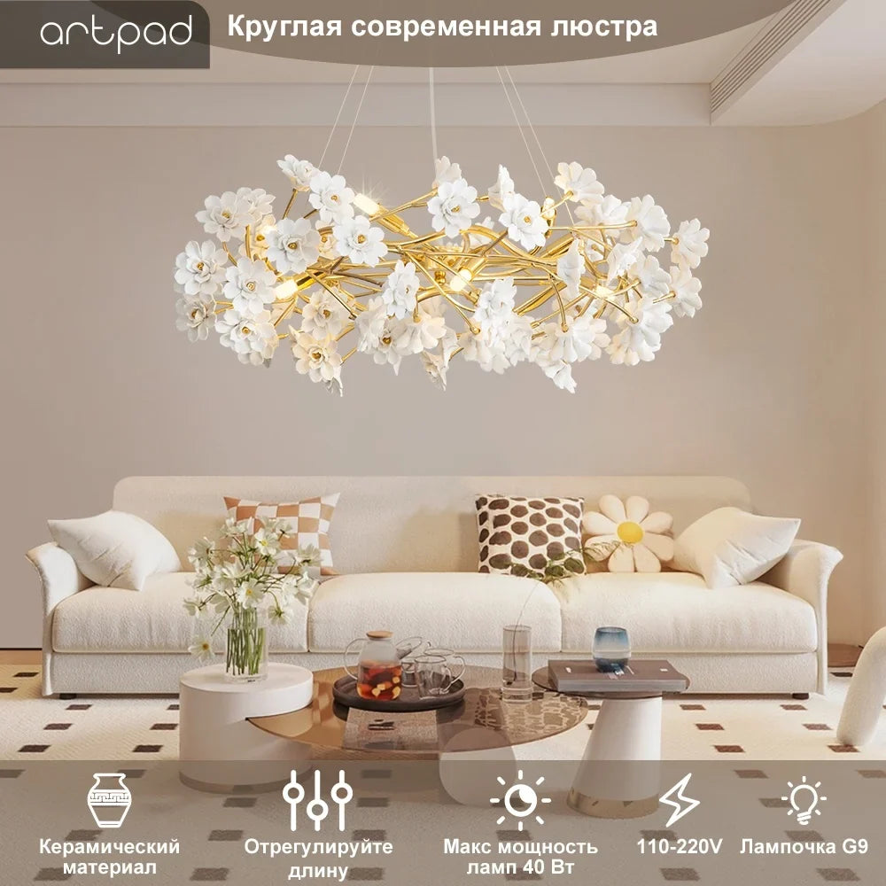 Gold Crystal Chandelier - Elegant Luxury Light Fixture with White Flower Design, 60cm & 80cm Sizes