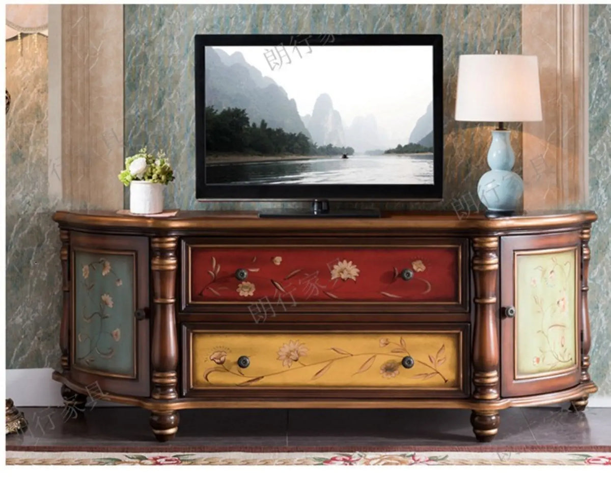 Traditional Birch Wood Media Console with 4 Drawers & Cabinets - Stylish Storage Solution