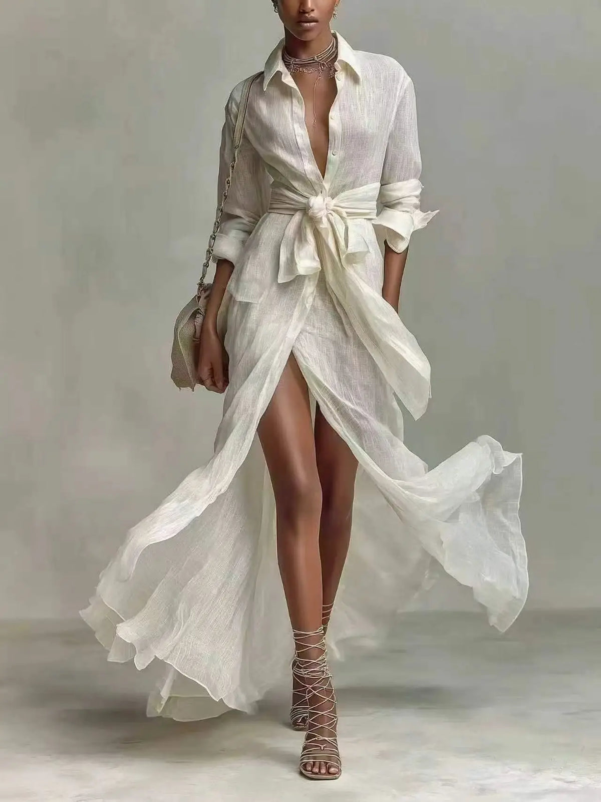 Bohemian Elegant Lace-up High Waist Long Dress Woman New Turn-down Collar Hollow Party Dress Spring Long Sleeve Maxi Dress