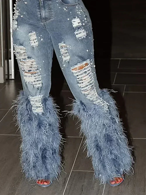 Tassel Holes Jeans Women's Vitnage Feather High Waist Y2K Streetwear Casual Denim Pant Spring Skinny Hollow Out Trousers