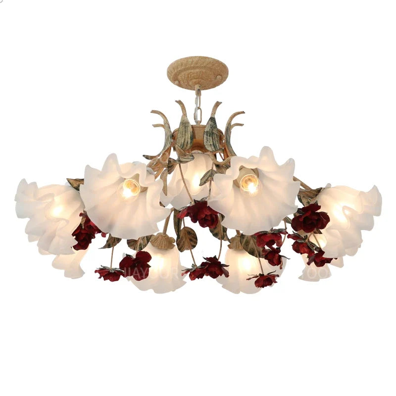 Floral Chandelier with Red Rose Accents, Golden Vines & LED Lights - 4/6/9 Heads