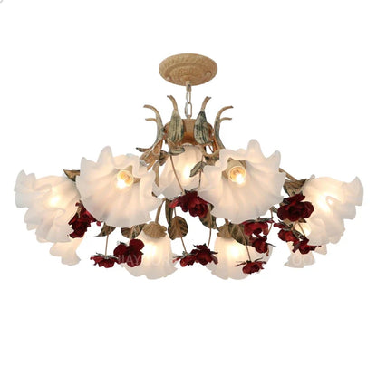 Floral Chandelier with Red Rose Accents, Golden Vines & LED Lights - 4/6/9 Heads