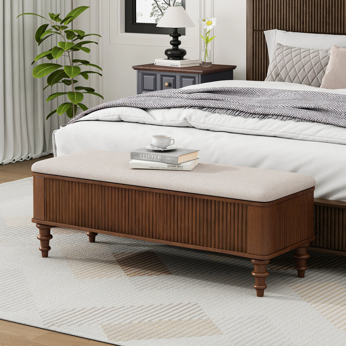 Linen Storage Ottoman Bench With Hidden Compartment, 50.8-Inch Beige Entryway Seat