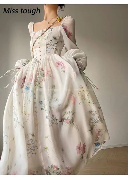 Summer Floral Print Dress Women Sexy French Style Vintage Party Midi Dresses Casual Korean Fashion Elegant Retro Dress 2024 New