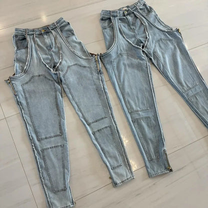 Jeans Women Straight Pants Hollow Out Zipper High Strecth Pockets Irregular Denims Vintage Distressed Streetwear 2025 Trousers