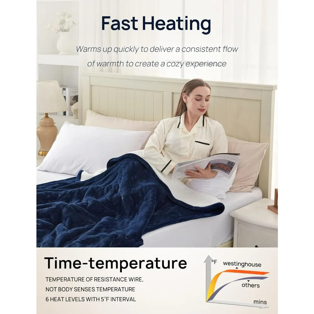 Cozy Flannel Sherpa Electric Blanket with 6 Heat Settings & Foot Pocket for Ultimate Comfort