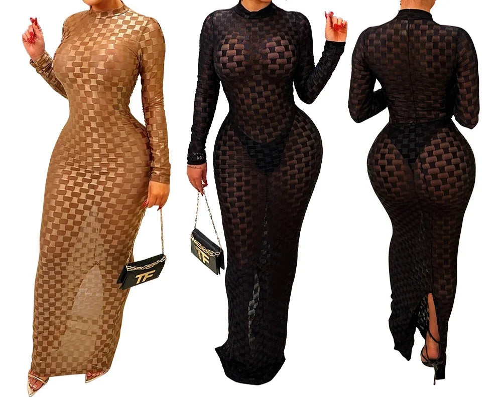 Turtleneck Skinny Women Dresses Sexy Skirt Long Sleeve Bodycon Sexy Streetwear Party Club Hollow out Long Dress