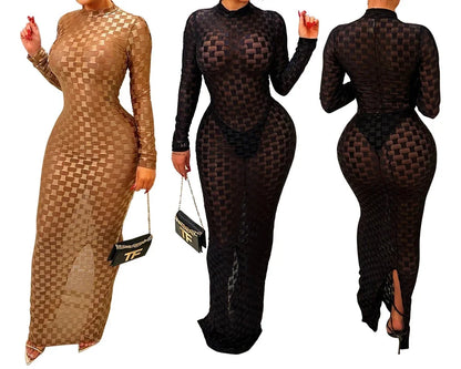 Turtleneck Skinny Women Dresses Sexy Skirt Long Sleeve Bodycon Sexy Streetwear Party Club Hollow out Long Dress