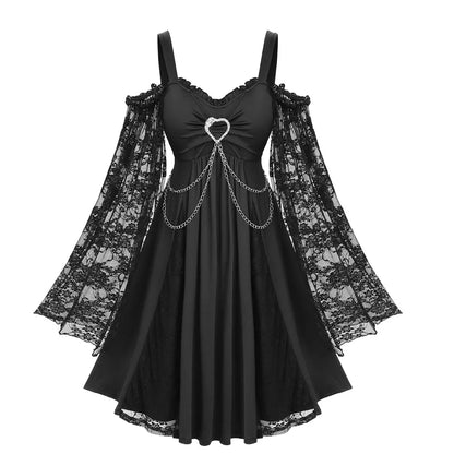 ROSEGAL Plus Size Women’s Gothic Dresses Ruched Heart Buckle Ruffles Cold Shoulder Floral Lace Flare Sleeves Ladies Dress Black