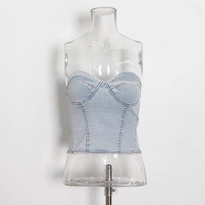 2 Piece Set Women Denim Ensemble Strapless Top Sleeveless Backless Zipper Elastic Waist Jeans Suit Streetwear 2025 Sexy Outfits