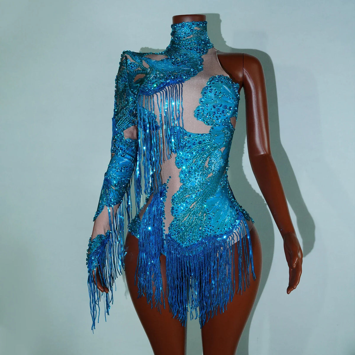 NEW womens bodysuit Sexy Leopard sequin tassels High Collar Bodycon team performance pole dance drag queen outfit singer stage