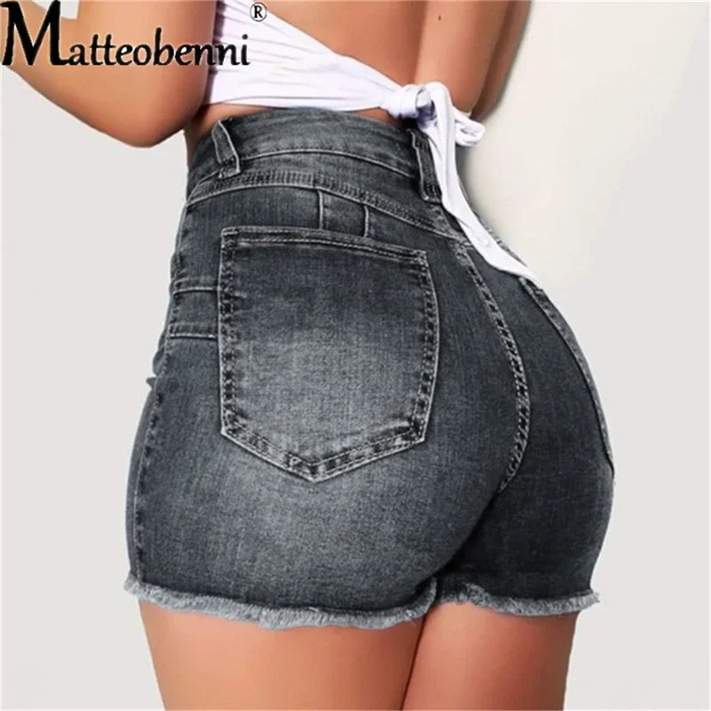 Large Size Sexy Ripped Denim Shorts Girl 2024 New High Waist Skinny Hips Stretch Leg Length Tight Tight Stretch Hips Jeans Women