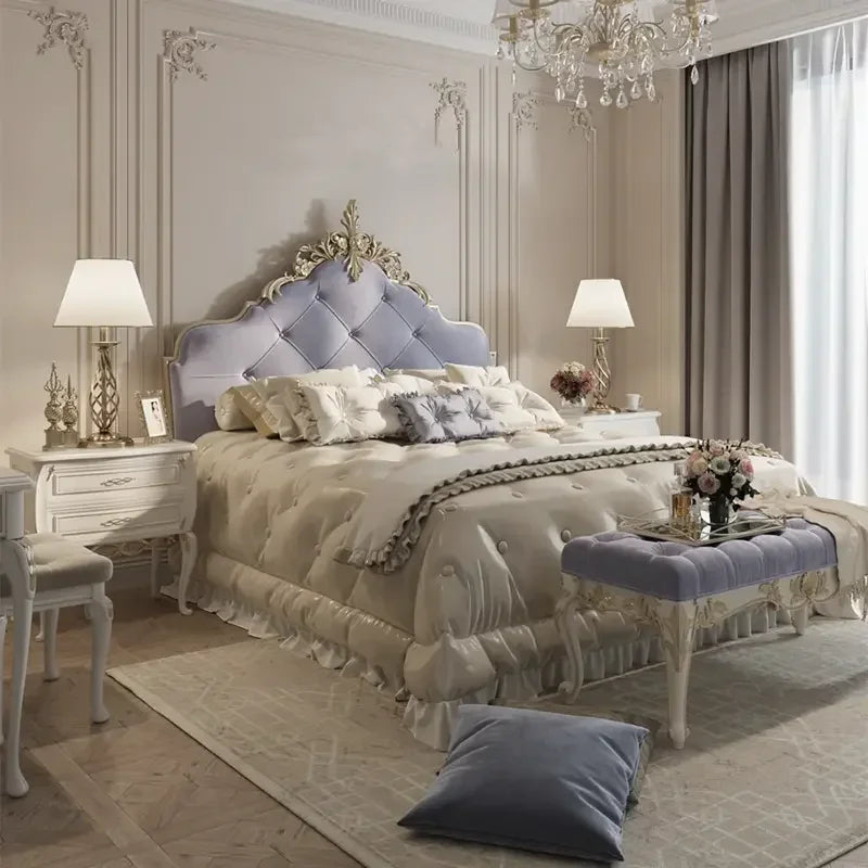 Luxury Wood Bed Set with Vintage European Design & Elegant Gold Nightstands