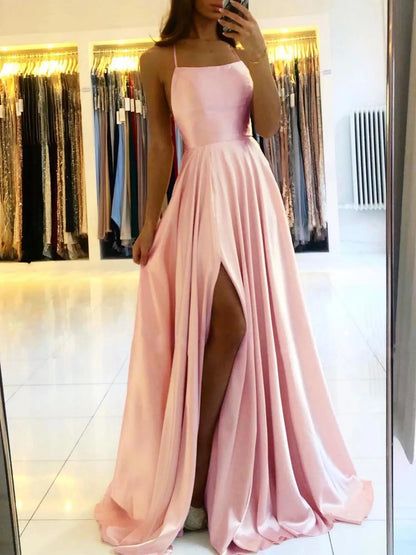 MisShow Silky Satin Short Women Beach Dresses Sexy Leg Slit Spaghetti Straps Midi Female Dresses for Evening Birthday Party