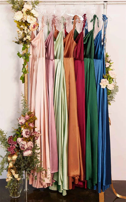 MisShow Satin Cowl Neck Tie Straps Maxi Women Summer Dresses Sexy High Slit Bridesmaid Evening Prom Party Dress for Night out