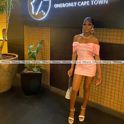 Pink Short Prom Dresses For Black Girls Off Shoulder Satin Birthday Party Gowns Bow Mini Homecoming Cocktail Dress Customized