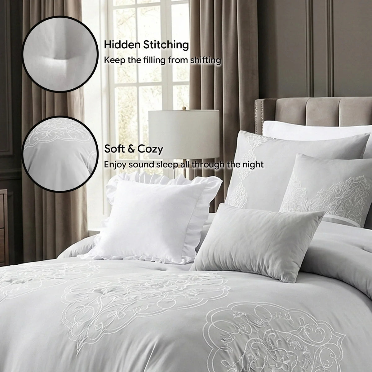 Queen/King Microfiber 6-Piece Comforter Set, Silver Medallion