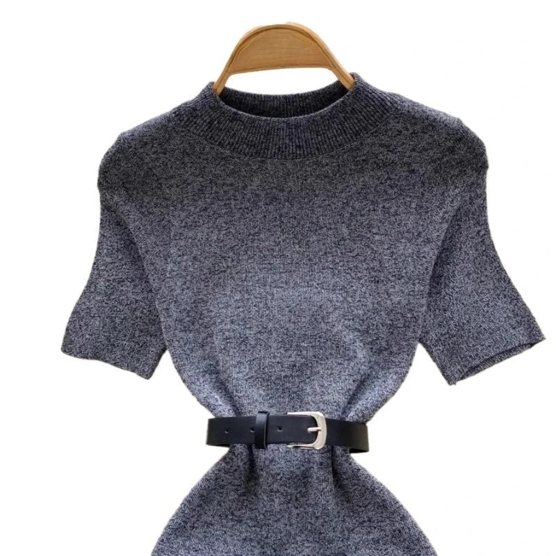 Women's Grey Crew Neck Short Sleeve Sundress Belted Waist Stretchy Ribbed Knit Bodycon Mini Dress Casual Party Office Dress
