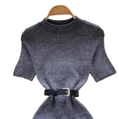 Women's Grey Crew Neck Short Sleeve Sundress Belted Waist Stretchy Ribbed Knit Bodycon Mini Dress Casual Party Office Dress