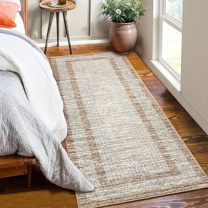 2x6 Runner Rug, Brown Geometric Washable Non-Slip Low-Pile Indoor Hallway Carpet