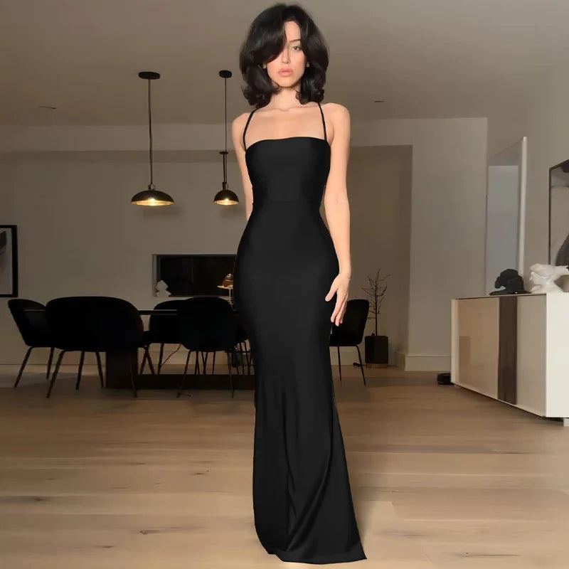 Dulzura Sleeveless Backless Lace Up Cami Maxi Dress Sexy Elegant Bodycon Outfit For Prom Evening Party Club Autumn Winter