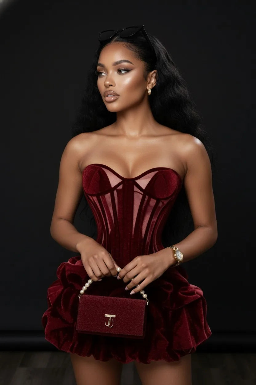 Sexy Wine Red Ruched Bubble Short Women Party Dresses With A Corset Bustier Girls Birthday Mini Dress