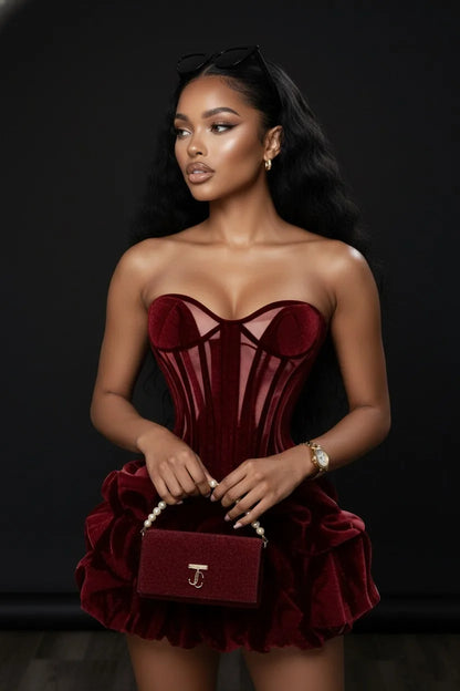 Sexy Wine Red Ruched Bubble Short Women Party Dresses With A Corset Bustier Girls Birthday Mini Dress