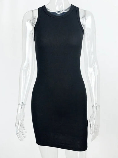 Women's Black Ribbed Bodycon Mini Dress Sexy Sleeveless Vest Club Party Tight Fitting Solid Color Summer Dress