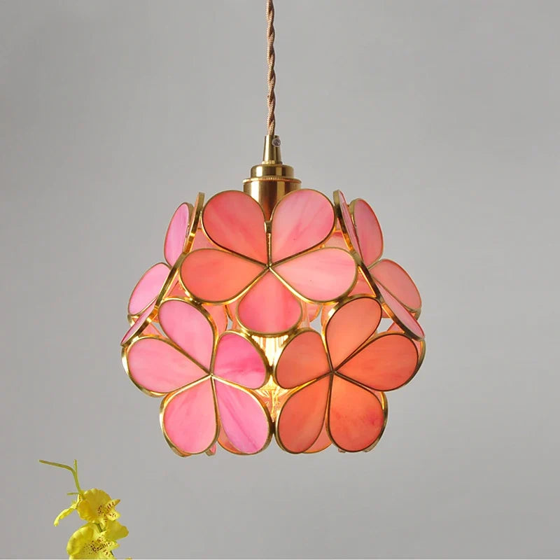 Flower-Shaped Pendant Light - 22Cm Blue Pink Glass with Vintage Brass Finish for Elegant Decor