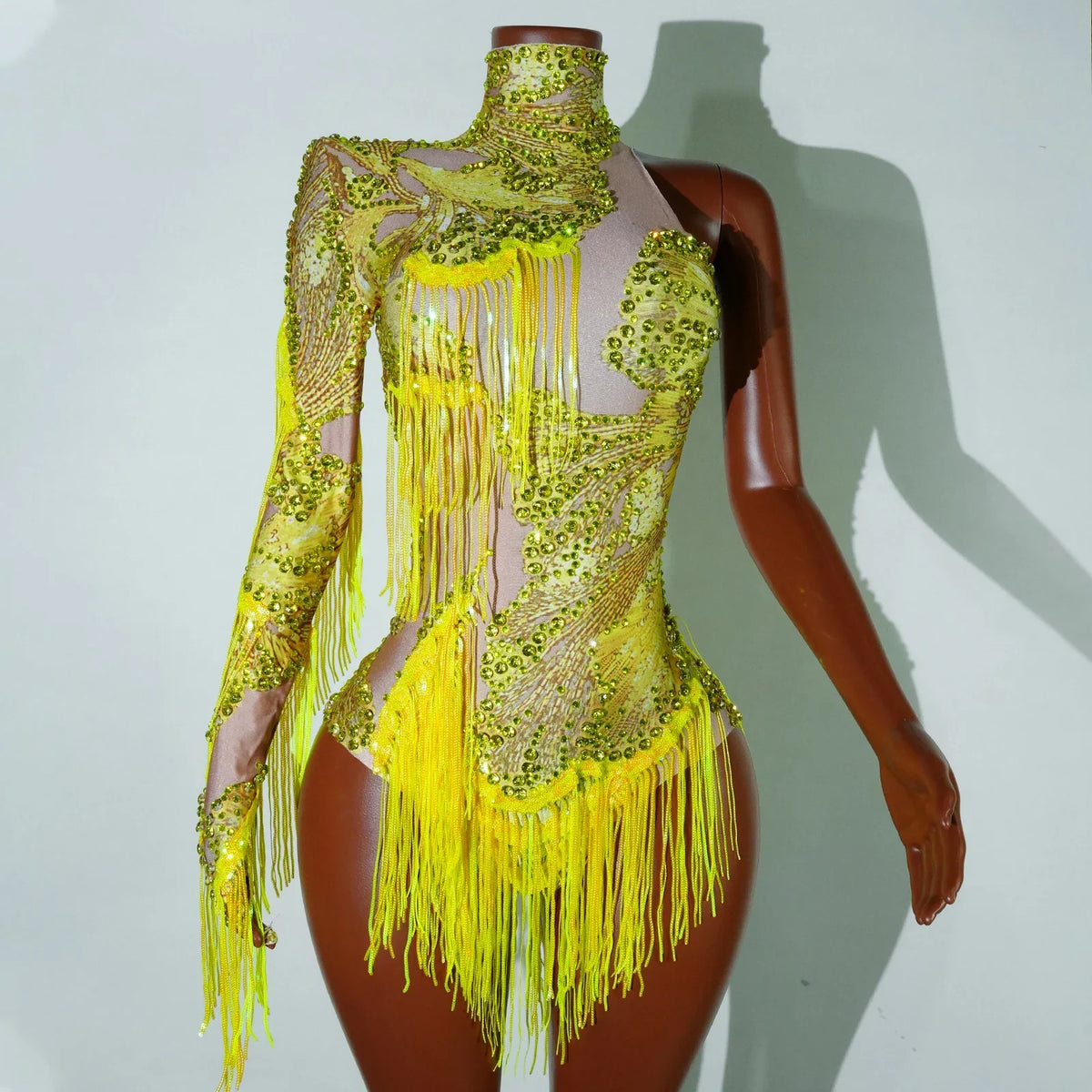 NEW womens bodysuit Sexy Leopard sequin tassels High Collar Bodycon team performance pole dance drag queen outfit singer stage
