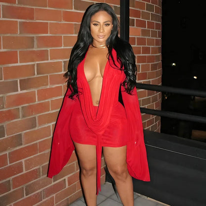 Sexy Mesh See Through Birthday Dress Women Night Club Party Flare Sleeve Ruched Deep V-neck Backless Bodycon Mini Dress Vestidos