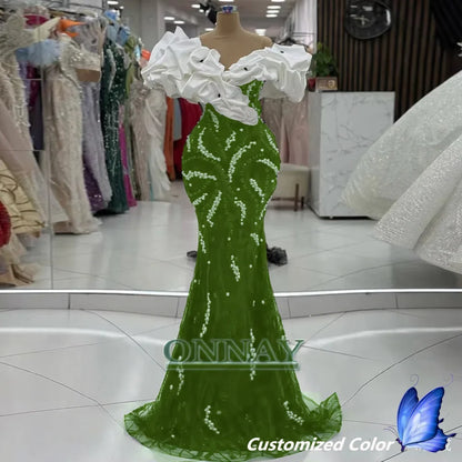 Customized Luxury Dubai Prom Dresses Off Shoulder for Women Pearls Saudi Arabia Gala Bespoke Party Gown Vestidos De Fiesta Plus