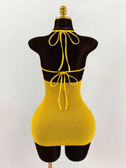 Pearl Shell Halter Backless Mini Bodycon Dress Crochet Bikini Dress