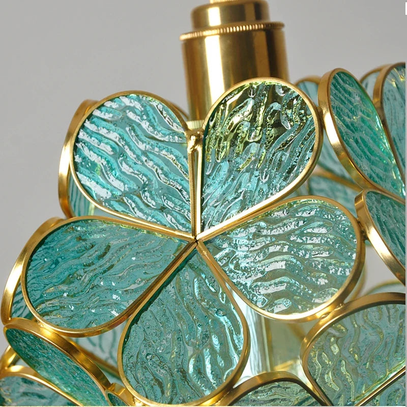 Flower-Shaped Pendant Light - 22Cm Blue Pink Glass with Vintage Brass Finish for Elegant Decor