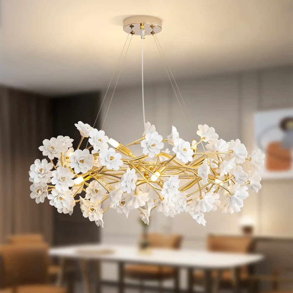 Gold Crystal Chandelier - Elegant Luxury Light Fixture with White Flower Design, 60cm & 80cm Sizes